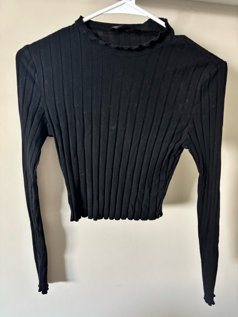 SHEIN Black Ribbed Long Sleeve Mock Neck Top with Lettuce Trim